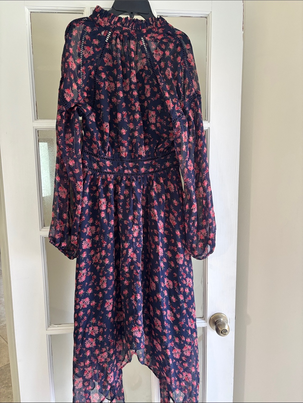 Navy Floral Long Sleeve Midi Dress - Pink Floral Print